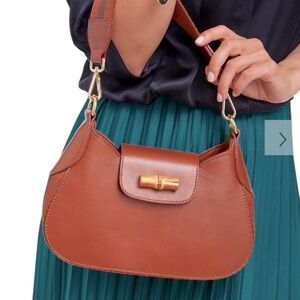MARK & GRAHAM TAYLOR TWILL LEATHER CRESCENT SHOULDER BAG striped twill side
